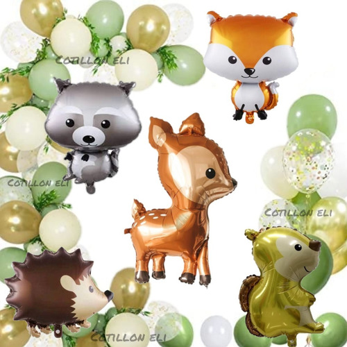 Combo Globos Animalitos Del Bosque Verde Oliva Blanco Dorado