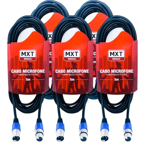 Kit 5 Cabo Microfone Xlr Canon Balanceado Macho X Femea 5m