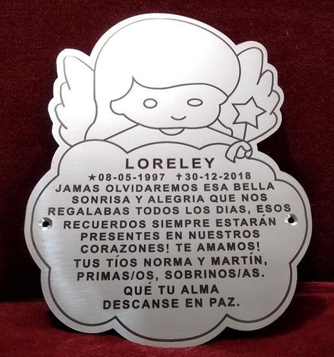 Placa Recordatoria Cementerio 15x12 Angelito Nube Acero Inox