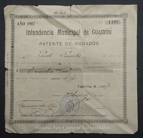 Certificado Antiguo Patente Carro Municipio Guamini Año 1907