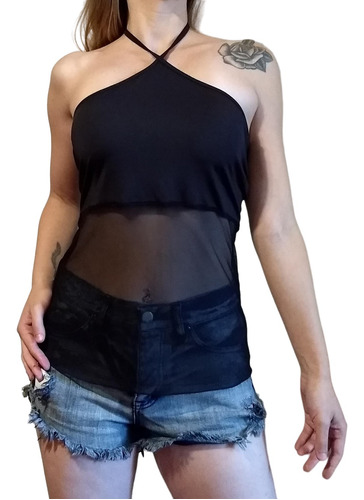 Top Con Lazo Combinado Con Transparencia Idk Negra Mujer 