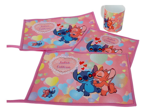 Set Jardín Stitch Con Nombre Taza Toalla Servilleta Mantel