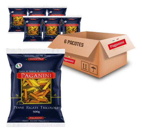 Kit 6 Macarrão Italiano Penne Rigate Tricolore Paganini 500g