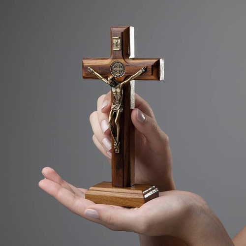 Crucifixo Parede E Mesa Cristo Metal São Bento 17 Cm