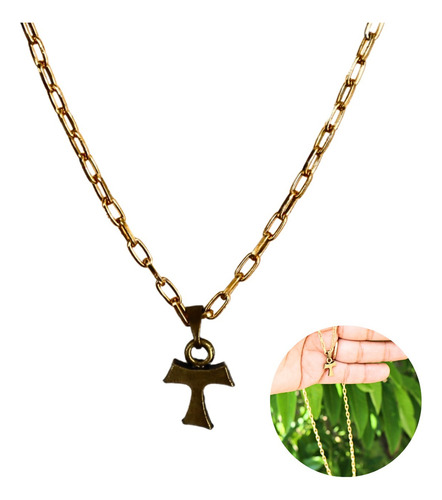 Colar Banhado A Ouro Com Medalha Mini Tau Franciscano 574 Cor Vermelha