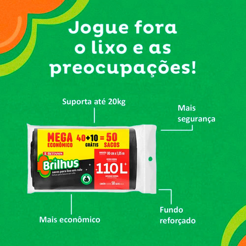 Saco De Lixo 110lt Até 20kg Reforçado Preto Leve 50 Pague 40