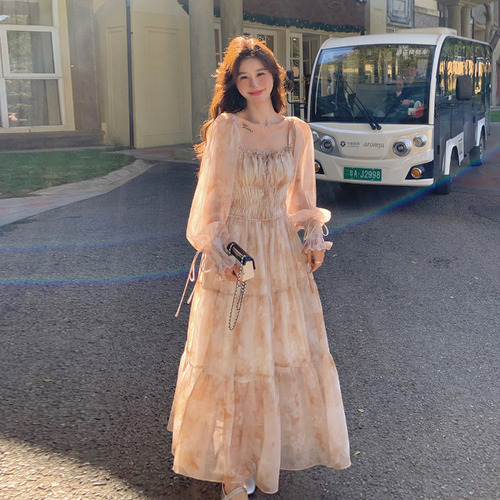 2025 Vestido Floral De Chiffon Com Decote Quadrado Francês
