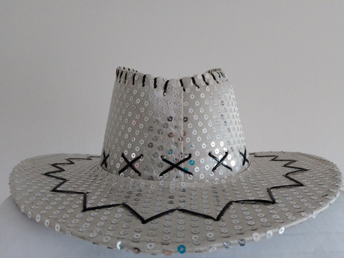Sombrero De Cotillón Gris Y Lentejuelas Plateadas. Cowboy