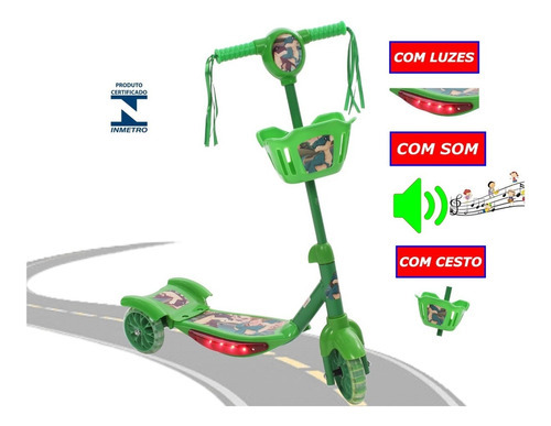 Patinete Iantil Menino 3 Rodas Luz Som E Cestinha Ja Cor Verde Dinossauro