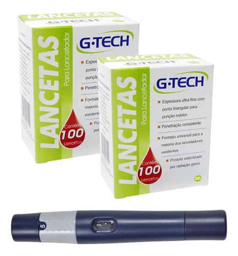 comprar Kit 200 Lancetas Glicose Glicemia 28g 30g + Caneta Gtech 
