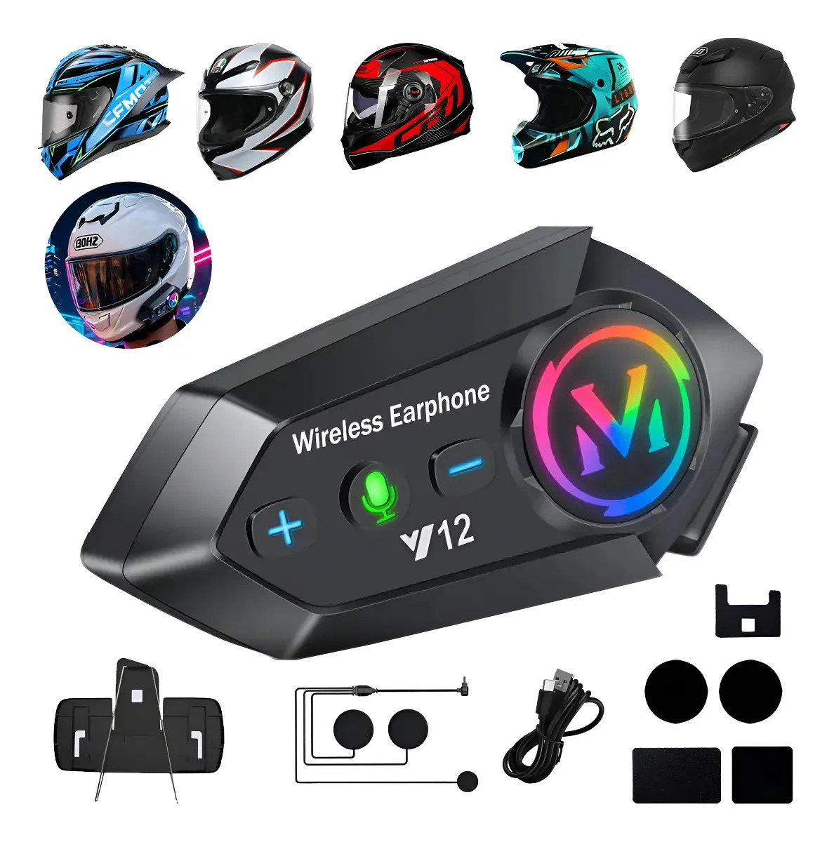 Y12 Intercomunicador Bluetooth Para Cascos De Moto Sistema De Auriculares Integrado Con Micrófono Color Negro