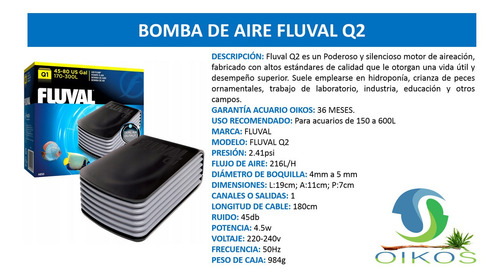 Imagen 3 de 10 de Bomba De Aire Para Acuario Fluval Q2 + Delivery