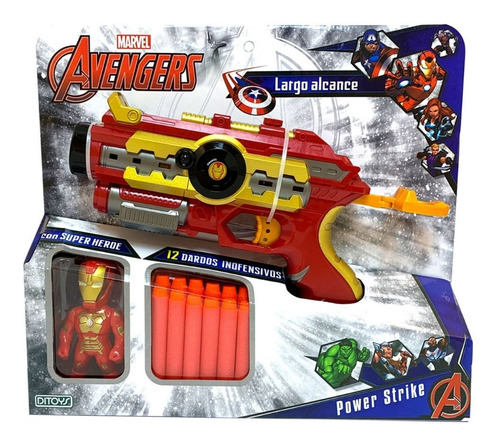 Avengers Pistola Power Strike Con Dardos +  Muñeco Ditoys