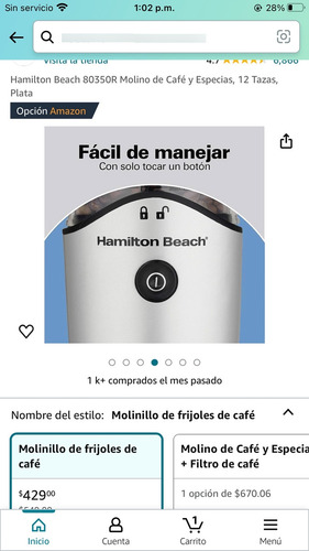 Molino De Cafe Hamilton Beach 80350r Molino De Café Y Especi