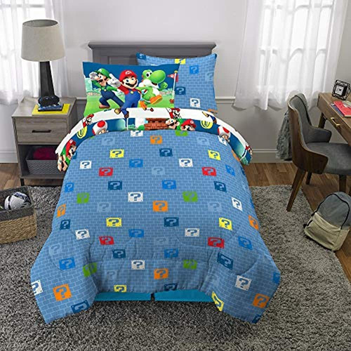 Juego De Edredón Y Sábanas Con Funda Decoracion Para Niña Color Azul Diseño De La Tela Mario