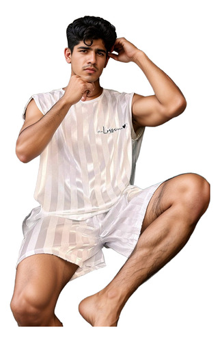 Pijama De Seda De Verano Para Hombres Conjunto De 2 Piezas