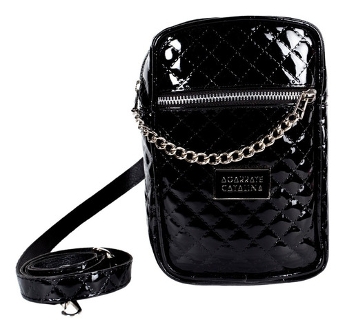 Cartera Porta Celular Agarrate Catalina Cadena Q Color Negro Matelasse Diseño De La Tela Croco