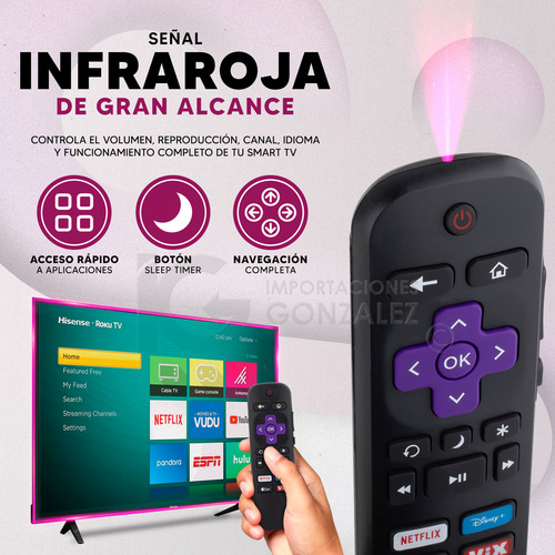 Control Remoto Compatible Con Roku Hisense Smart Para Tv Vix Incluye 4 Pilas AAA Divitech®
