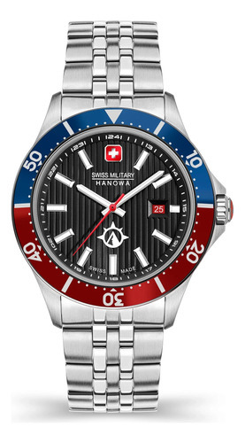 Reloj Swiss Military Smwgh2100604 Para Hombre Cristal Zafiro Color de la malla Plateado Color del bisel Azul/Rojo Color del fondo Negro