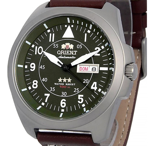 Relógio Orient Masculino Automático Prateado Verde Militar Cor do fundo Marrom