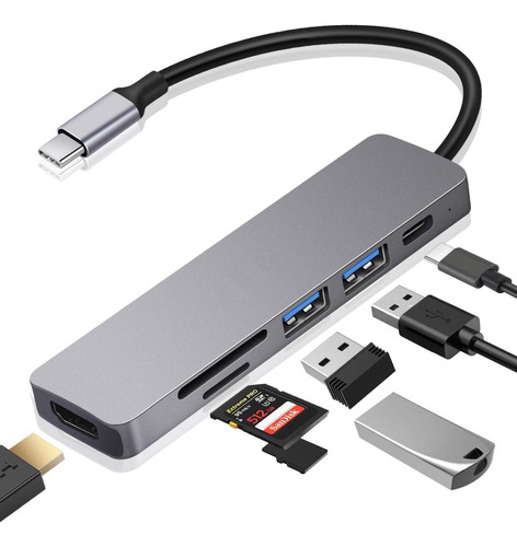 6 En 1 Usb Hub Adaptador Sd Pd Tipo C Hdmi 4k Para Mac iPad