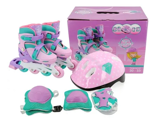 Patins Infantil 4 Rodas Menina Criança Proteção Inline Rosa