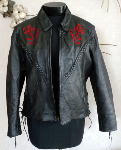 Chaqueta De Cuero Motoquera Con Rosas Rojas Mujer L