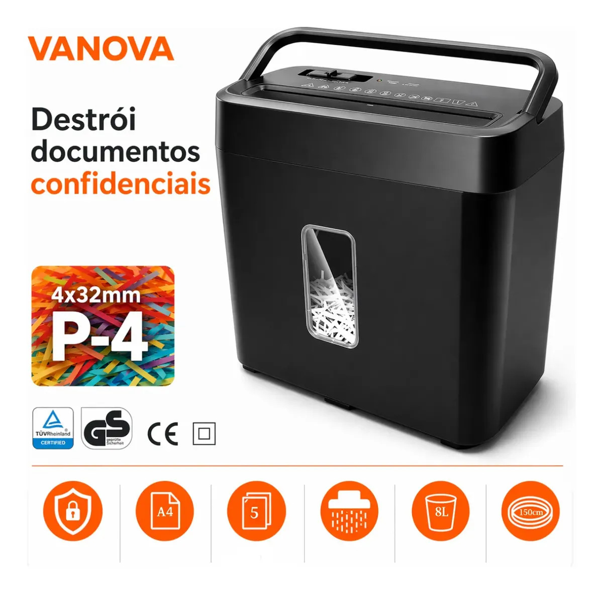 Fragmentadora De Papel 5 Folhas Corte Cruzado 4x30mm 110v/220v Silenciosa Segurança P-4 Triturador De Papel Para Escritório E Home Office Proteção De Documentos Confidenciais Bancá
