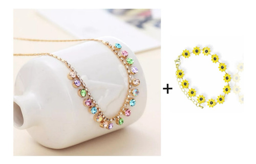 Collar Oro Lam. Y Zirconias Colores + Estuche