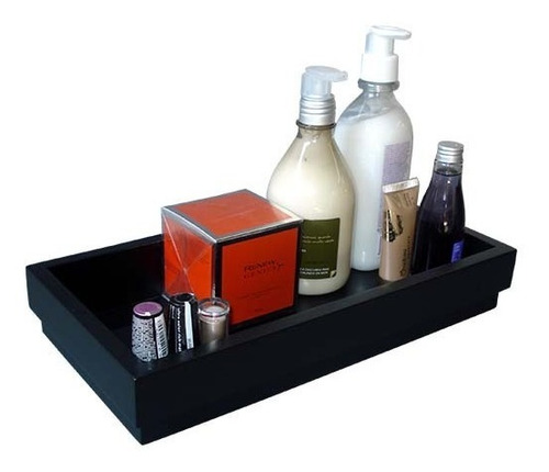 Bandeja Lavabo 34,5x17,5 Cm Mdf Laqueada Preto C/ Vidro