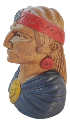 Busto Cabeza Indio Aborigen Tallada En Madera Policromada Marrón (Usado)