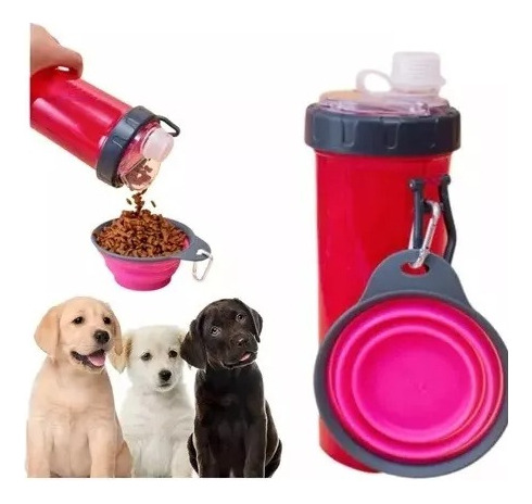 Botella Para Agua Alimento + Plato Plegable Paseo Mascotas