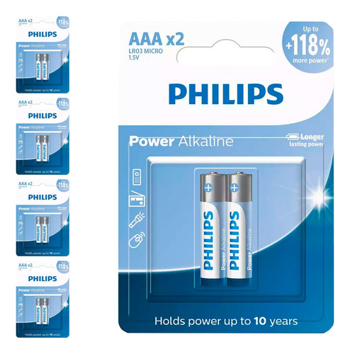 10 Pilhas Alcalinas Aaa 3a Palito Philips 5 Cart