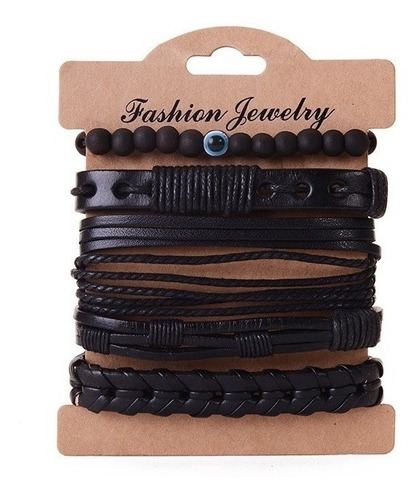 Conjunto Pulsera Brazalete Hombre Cuero 5 En 1 Ojo Envidia