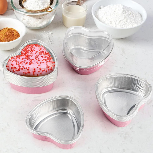 100PCS 3.5oz/100ml Mini Moldes de Torta de Corazón con Tapa, Moldes de Torta de Corazón de Papel de Aluminio, Adecuados para el Día de la Madre, Día de San Valentín, Bodas, Fiestas y Cumpleaños, Rosa