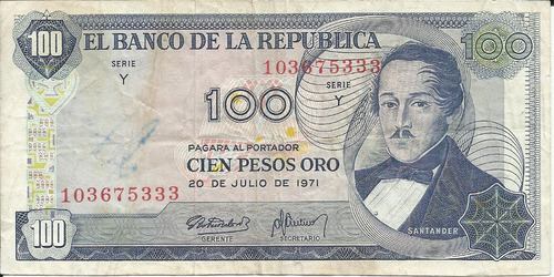 Colombia 100 Pesos Oro 20 De Julio 1971 9 Dígitos