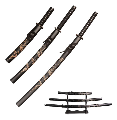 Set 3 Katanas Wakizashi Tanto Samurai Acero Espada Con Base