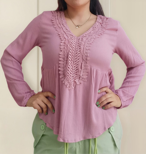 Blusa Campesina Manga Larga Fresca Con Encaje