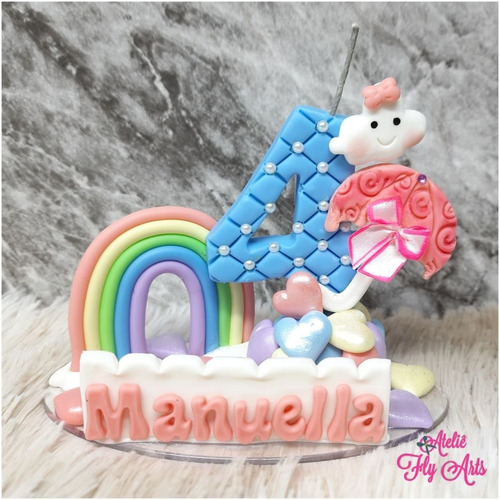 Imagem 3 de 4 de Vela Topo De Bolo Em Biscuit Chuva De Amor Arco Iris