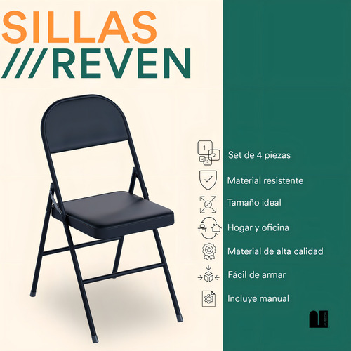 Mubson Reven set de 4 sillas plegables metalicas sillas exteriores color negro liso