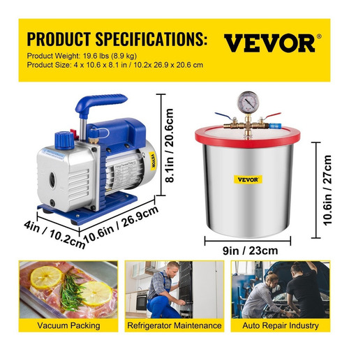 Vevor Kit Cámara De Vacío De 3 Galones+bomba De Vacío 4cfm