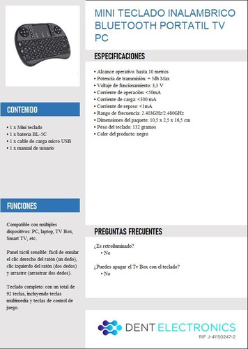 Imagen 7 de 8 de Mini Teclado Inalambrico Bluetooth Mousepad Tv Box Pc