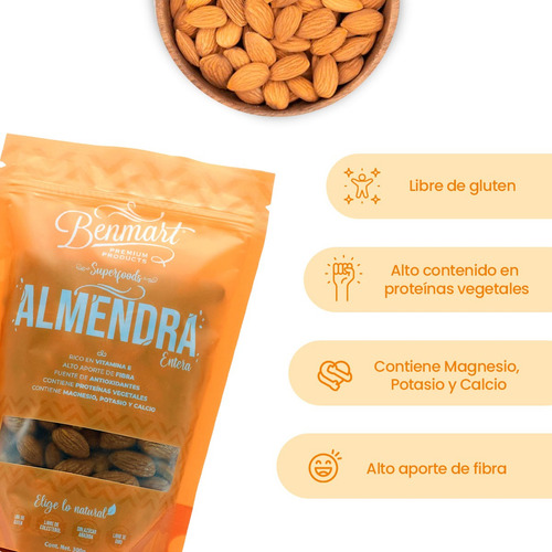 Benmart Almendra Entera Snack Natural 300g Bolsa Resellable