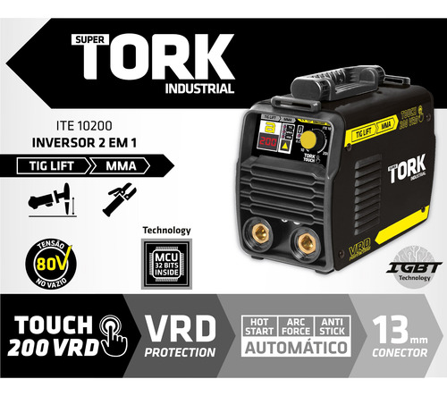 Imagem 7 de 8 de Maquina De Solda Inversora Tig Mma Touch 200 Amp Vrd Tork