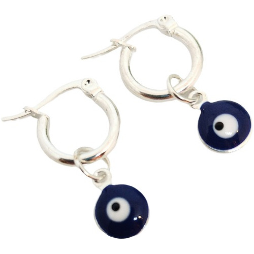 Aros Argolla Acero Blanco Con Dije Ojos Turcos En Color Azul