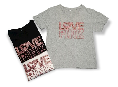 Remera Algodon Manga Corta Aplique Shine C/ Tachas Love Pink