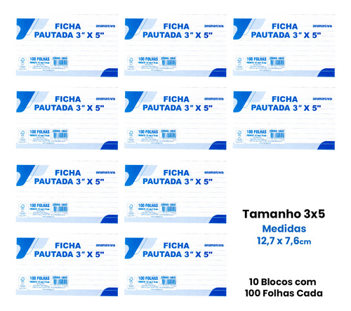 Ficha Pautada 3x5 Bloco Com 100 Folhas - 10 Unidades