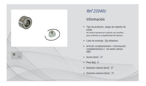 Rodamiento Delantero Renault Megane/clio2/r19 1.6