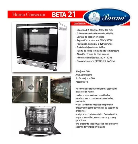 Horno Convector Electrico Pauna Beta 21 Para Bandeja 44x32
