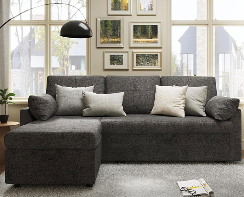 Sofá Cama Extraíble De Lino Gris Con Diván De Almacenamiento